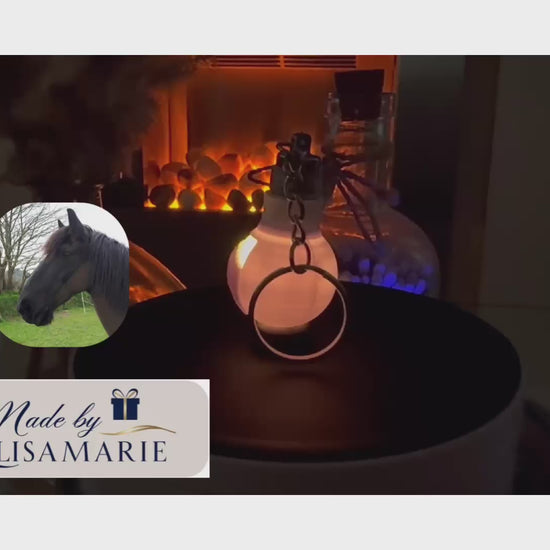 A video showcasing a personalized 25mm 3D-printed lithophane globe keychain featuring a detailed image of a pet horse, crafted with precision and care by Made By LisaMarie. The video highlights the intricate details of the keychain, the original photo used for the design, and elegantly displays the Made By LisaMarie logo in the background.