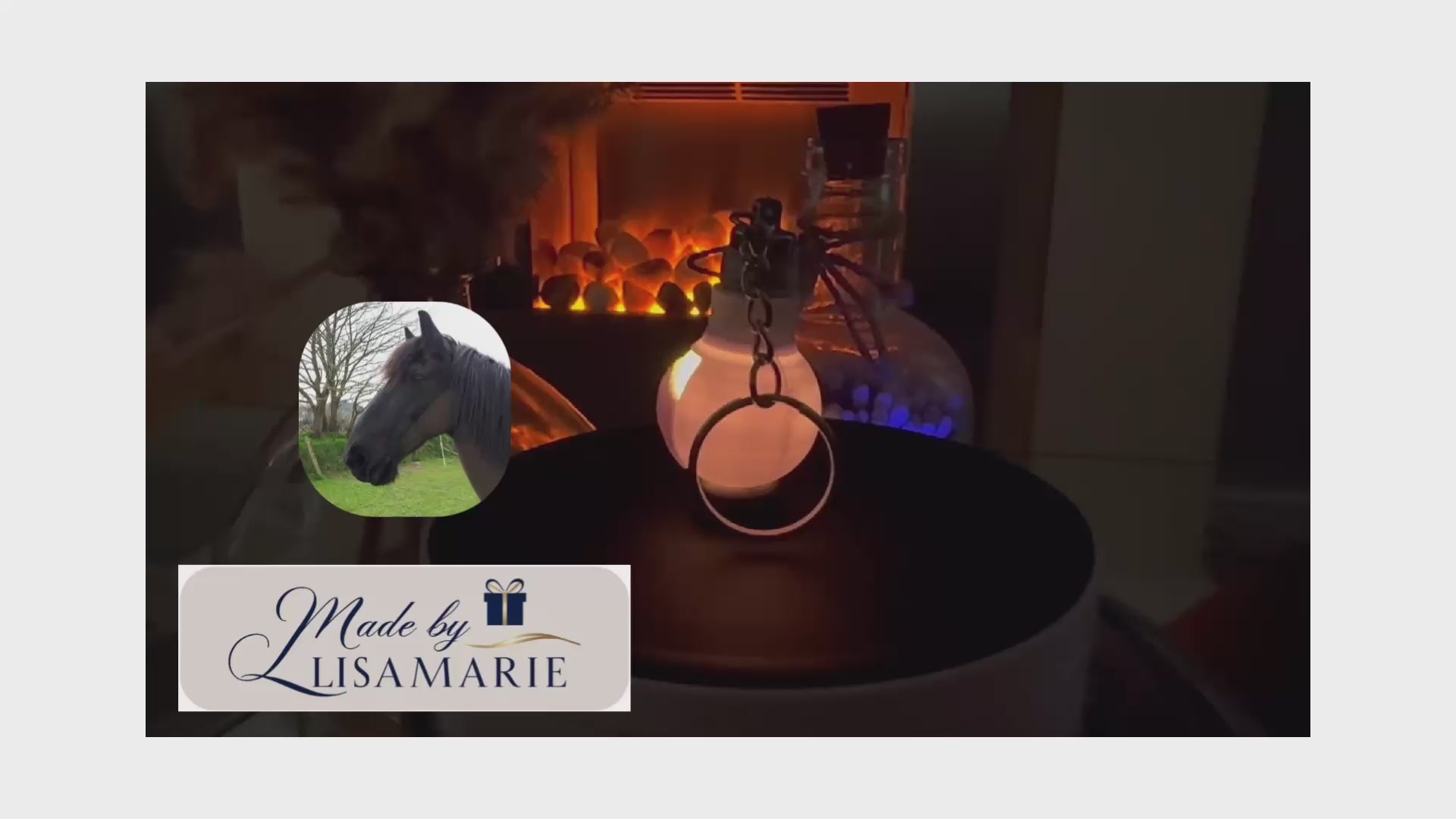 A video showcasing a personalized 25mm 3D-printed lithophane globe keychain featuring a detailed image of a pet horse, crafted with precision and care by Made By LisaMarie. The video highlights the intricate details of the keychain, the original photo used for the design, and elegantly displays the Made By LisaMarie logo in the background.